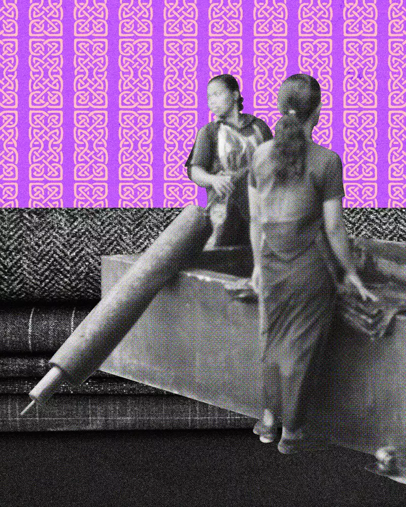 Black-and-white photo of two people on patterned fabric against a pink decorative background.