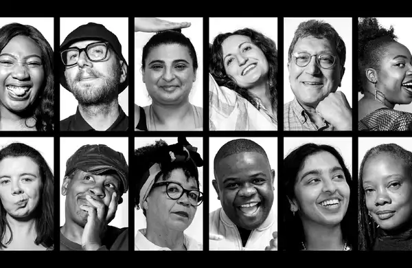 Black and white portraits of 12 people
