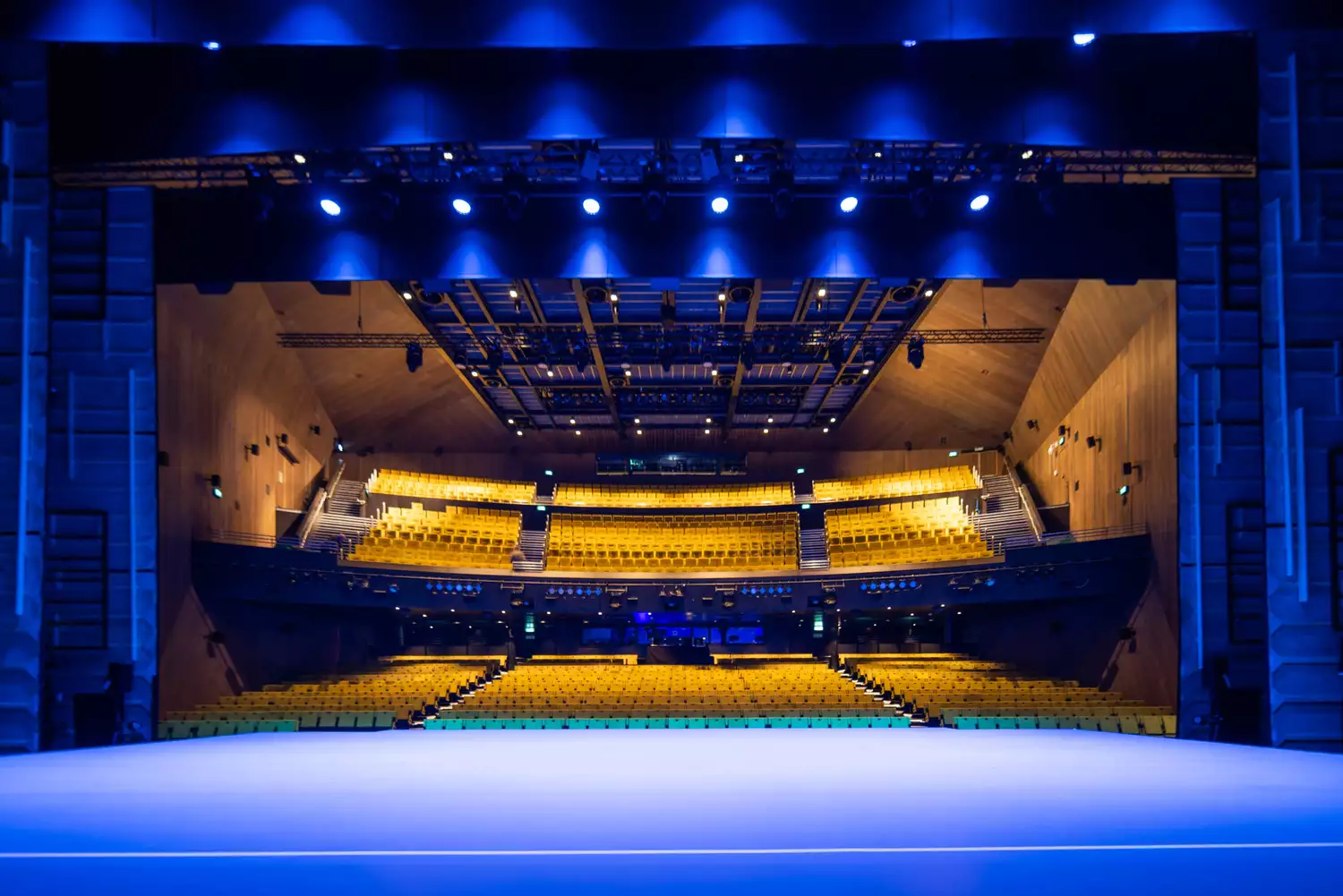 The empty Hall, taken from the stage. The image shows yellow seats and an empty theatre-style set-up.