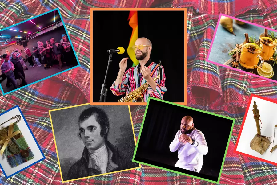 A collage of images that represent Scotland and organiser Venn Smyth performing