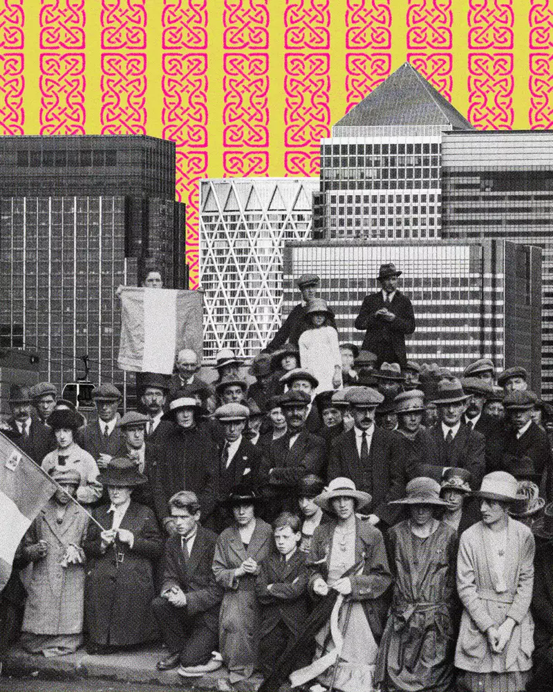 Vintage crowd collage with modern city skyline on a bright patterned background.