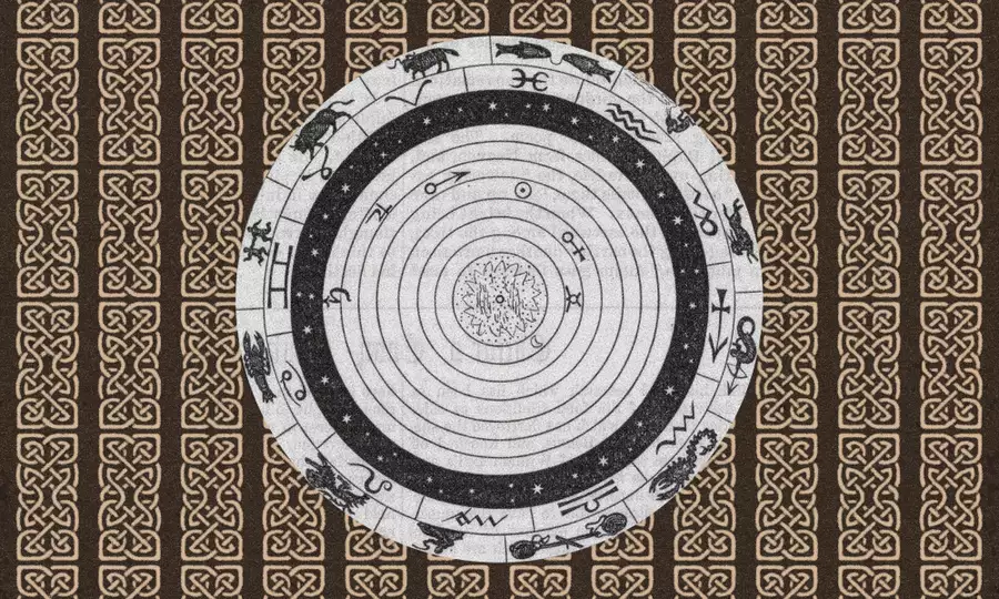 A vintage-style black-and-cream illustration shows a circular zodiac chart with concentric planetary orbits and astrological symbols. The chart sits against a repeating Celtic knot-pattern background.