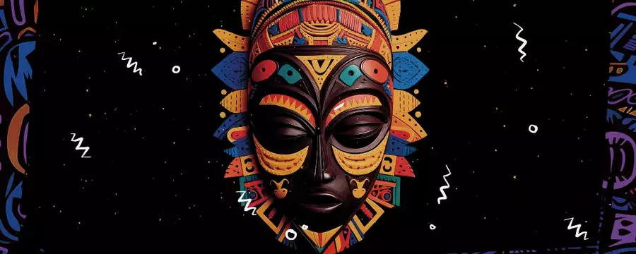 A vibrant African mask against a starry black background, featuring bold geometric patterns in red, yellow, blue, and orange.