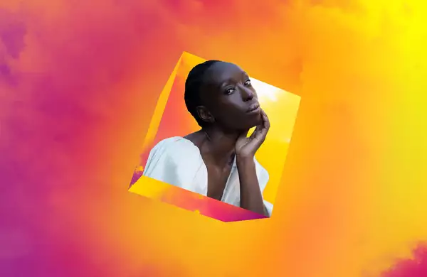 Eunice Olumide headshot floating on the Dream Space pink and yellow background