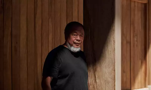 Ai Weiwei wearing a black t-shirt, stood in front of a wooden backdrop. There is a shadow across his face.