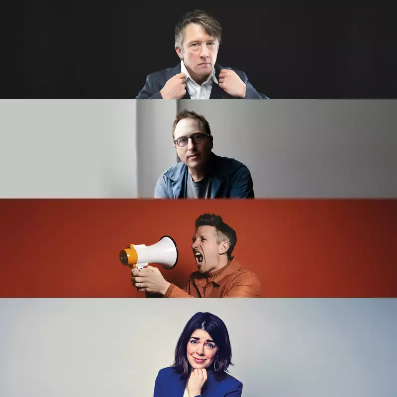 Comedians  Jon Ronson, Rosie Holt, Stuart Goldsmith and Jonathan Pie