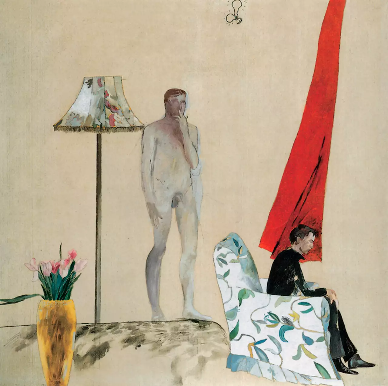 David Hockney's 'Domestic Scene, Notting Hill, 1963' – showing a man sat on a patterned armchair, a red curtain, a yellow vase with pink flowers in, a patterned lampshade and a naked man smoking.