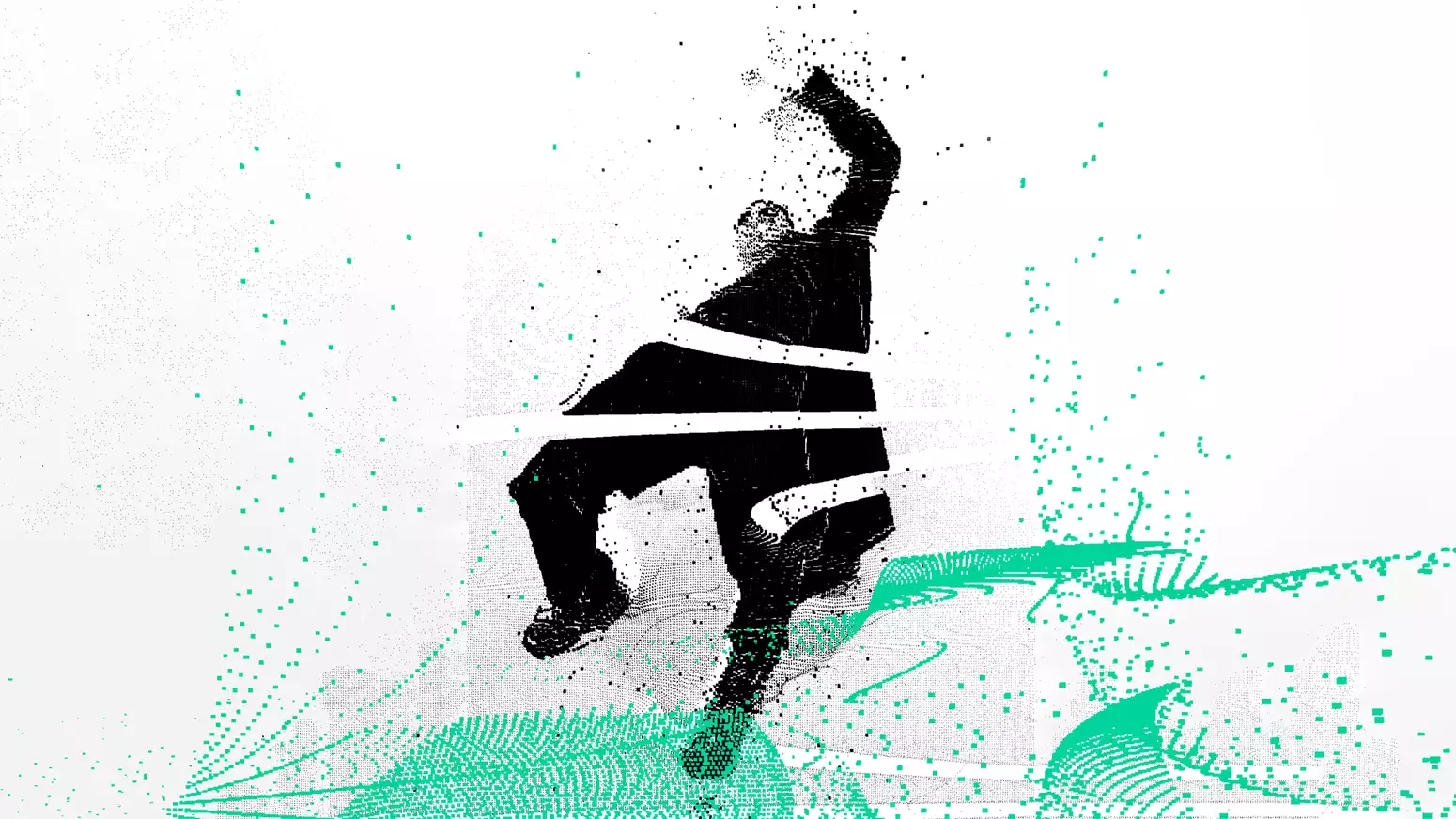 A dancer leans backwards with their left arm raised. He wears a black trench coat and worker boots. The image is black, white and green with a pixelated effect.