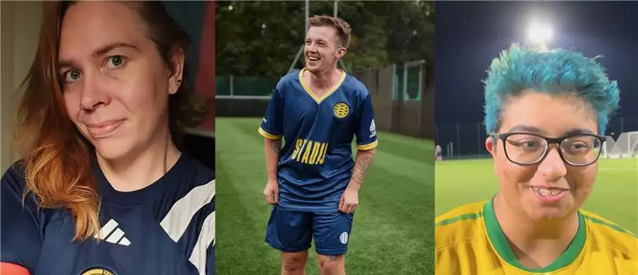 Composite image of three people wearing football shirts and kits