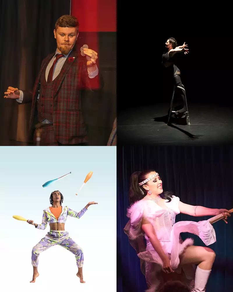 Composite image of the four performers in various acts. Top row (L-R): Adam B dressed as a magician holding coins, Porcelain Delaney dancing. Bottom row (L-R): Louise balancing a club, and Miss Lolly May performing and wearing a pink feathered outfit.