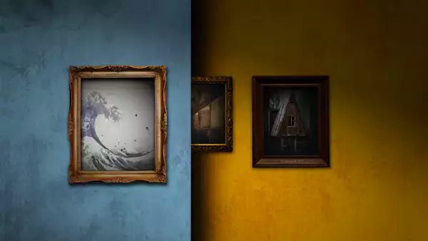 The image is divided into two contrasting halves: the left side has a blue wall with a framed artwork of a stylised wave, while the right side features a yellow wall with framed pictures, including one of an abandoned house.