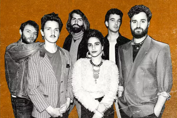 Collage of the six members of Sarab. Their black-and-white photographs are on an orange/brown background.