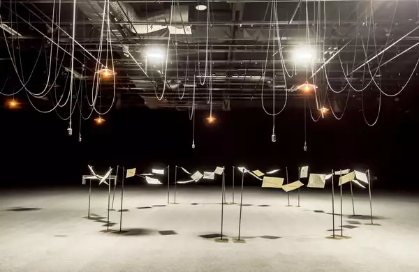 A photo of the exhibition space at Shilpa Gupta: You are the place