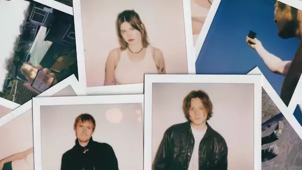 Polaroid photos of the three members of PVA spread out as a collage