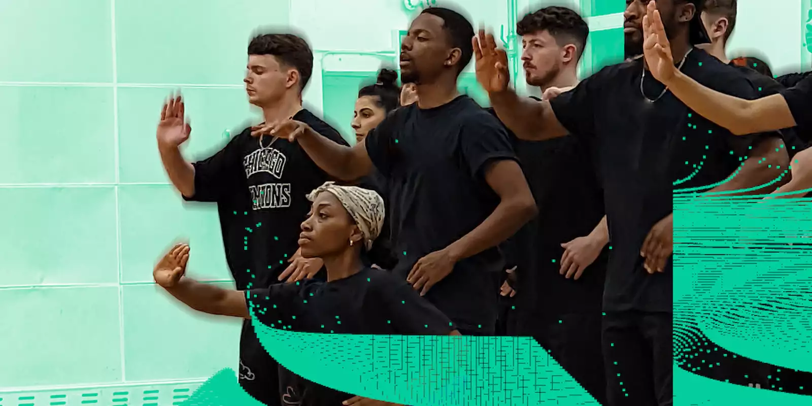 Photo of a group of dancers on a bright green background