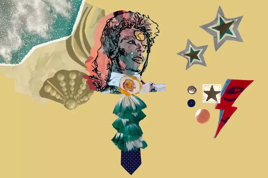 A collage of an image of David Bowie, lightning bolts and stars.