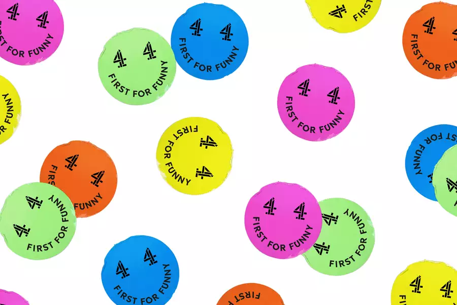 A white background with multicoloured smiley faces which each say First For Funny