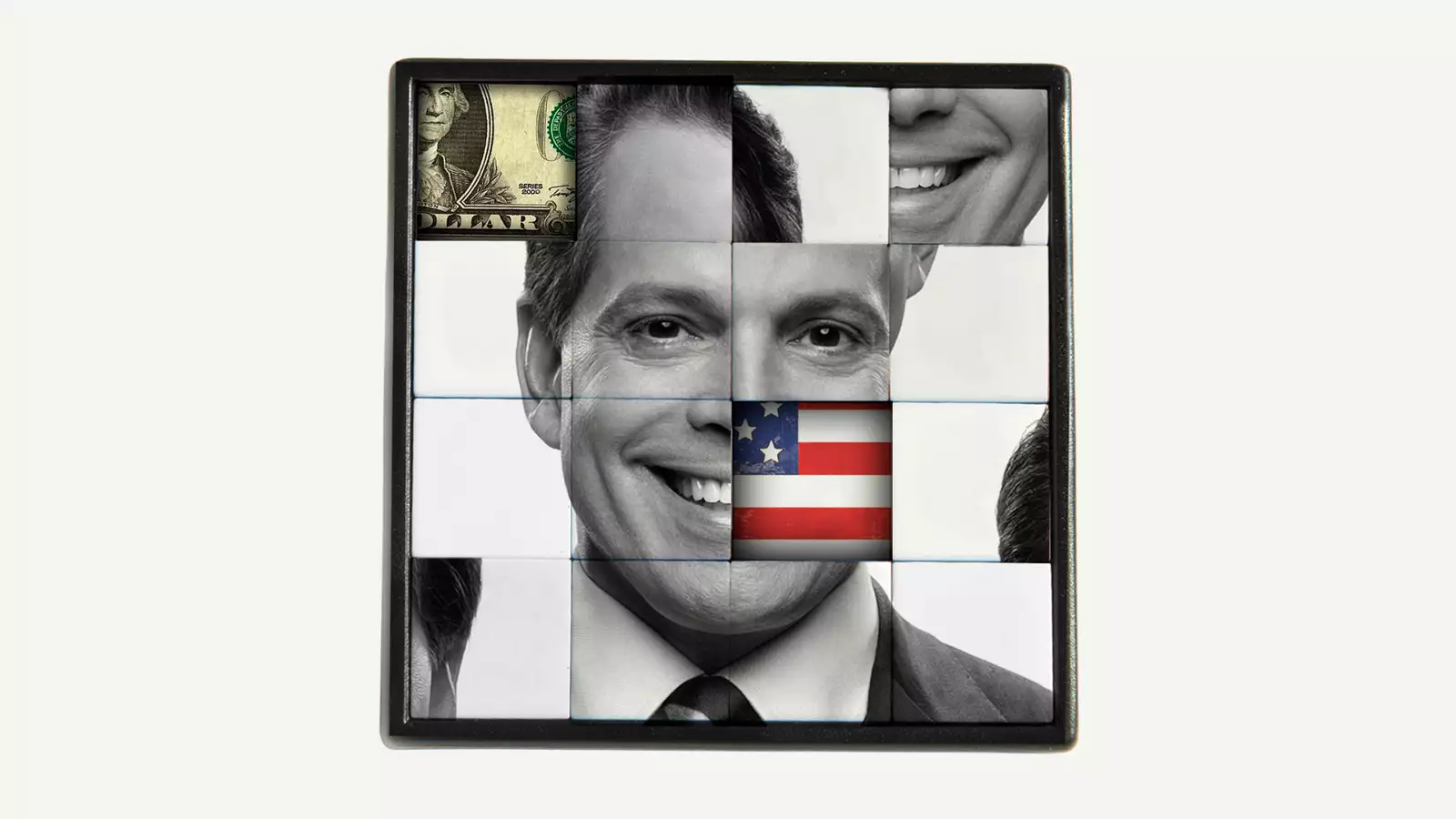 A tiled composite portrait of a smiling Anthony Scaramucci, mixed with U.S. flag and dollar bill elements.